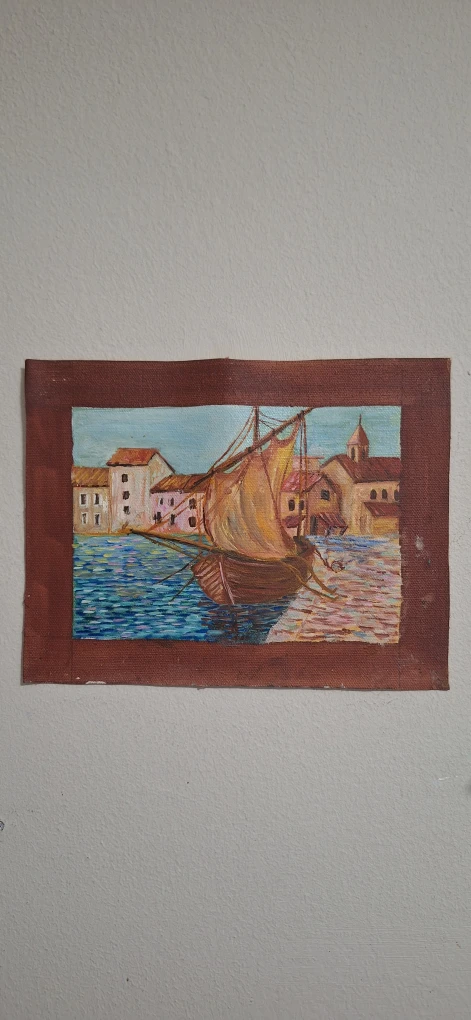 Oil Painting of a Sailboat in Harbor