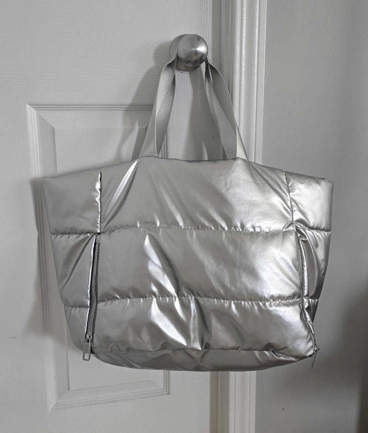Silver Puffer Tote Bag with Zippers