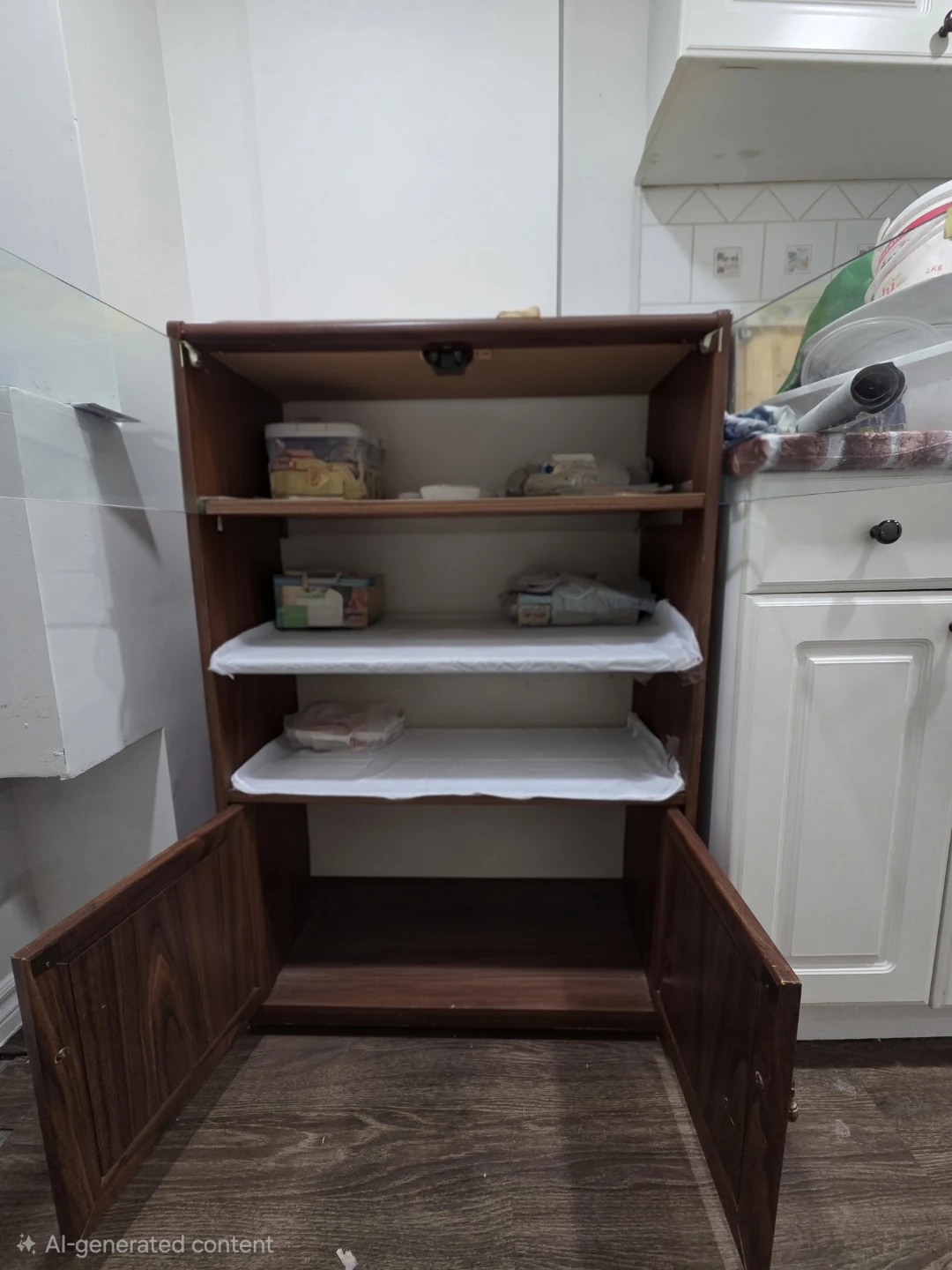 Wooden storage cabinet with glass doors