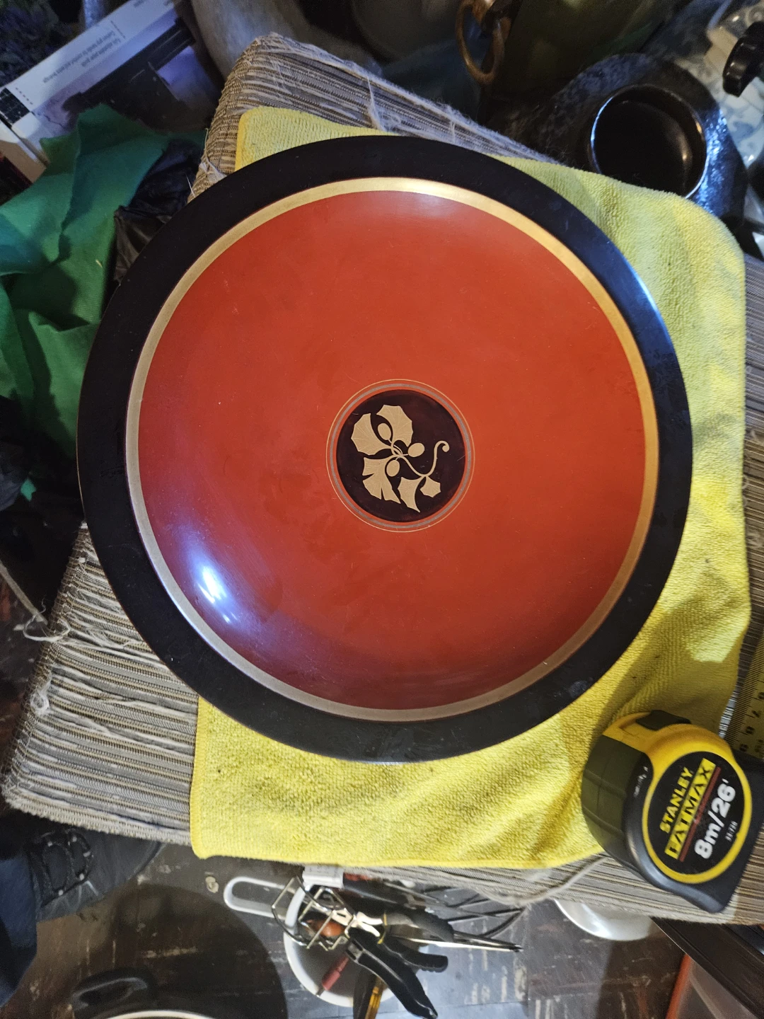 Red and Black Decorative Tray with Floral Emblem - photo 2