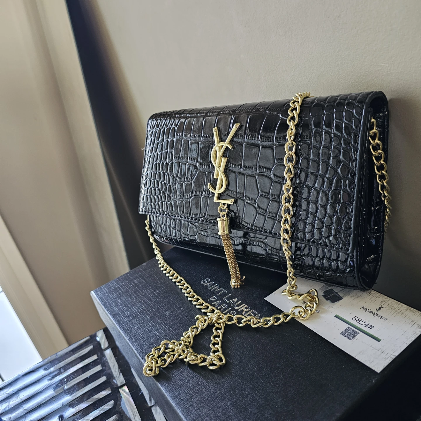 Saint Laurent Black Croc Embossed Shoulder Bag