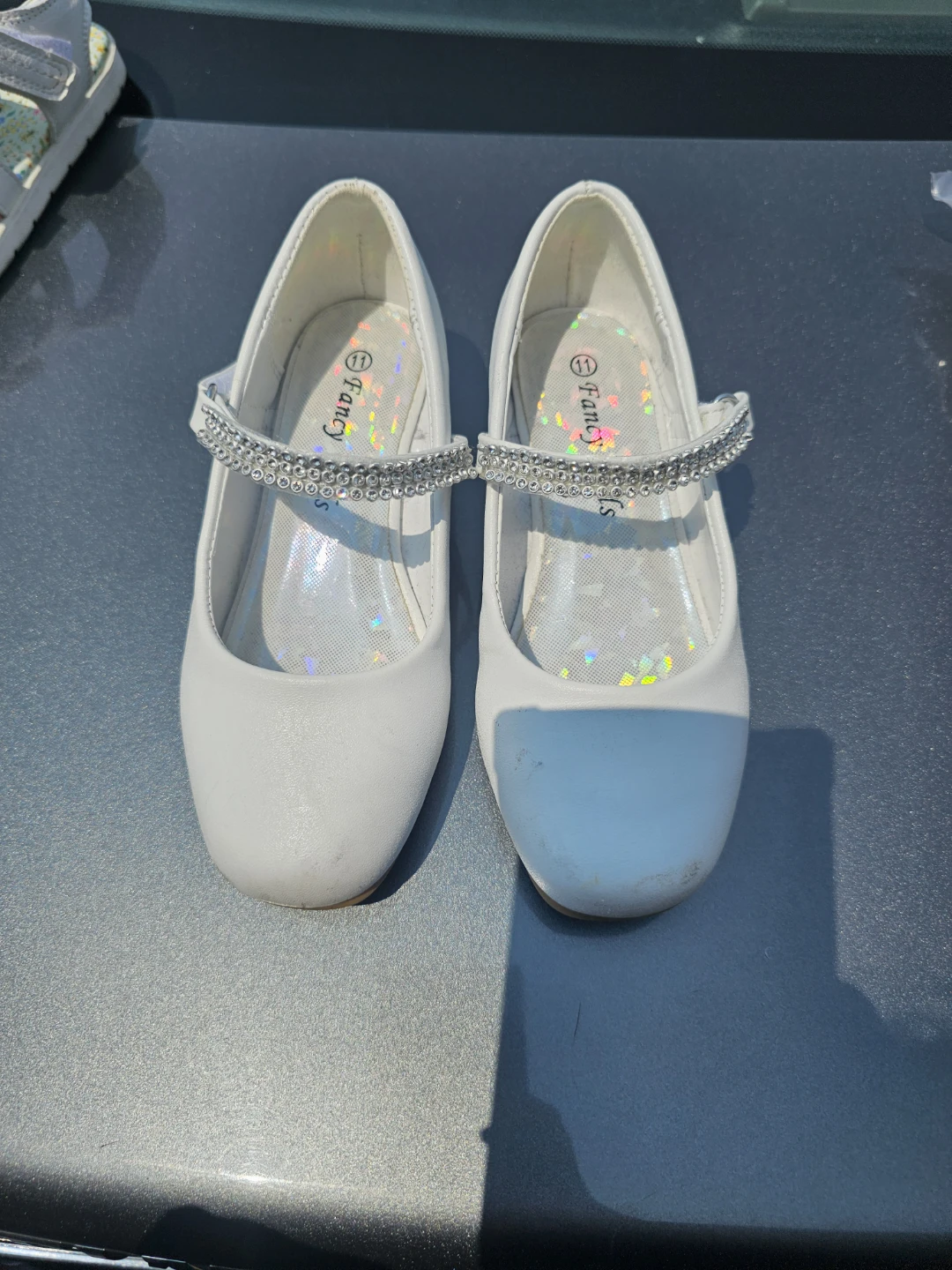 White Fancy Flats with Rhinestone Strap - Kids Size