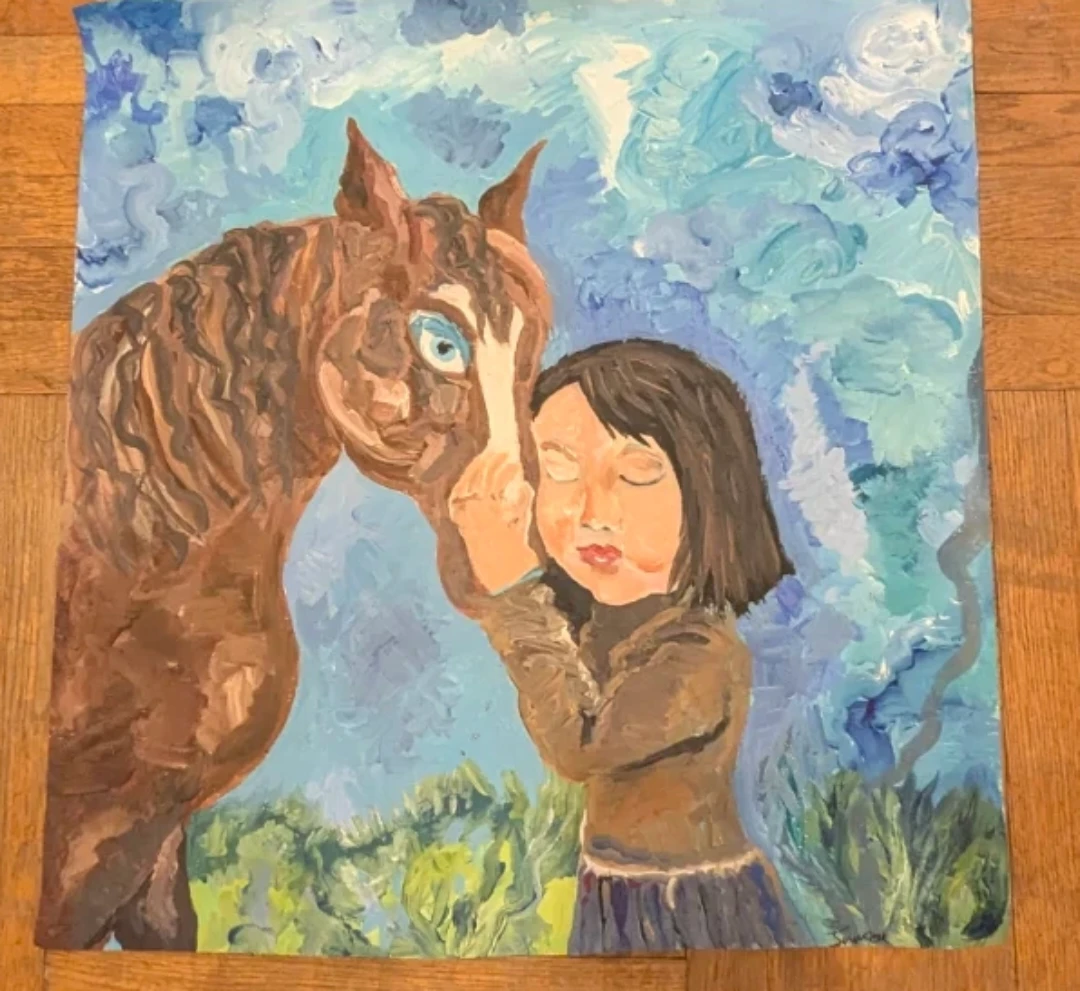 Large original Painting full color hand signed girl and horse - photo 5