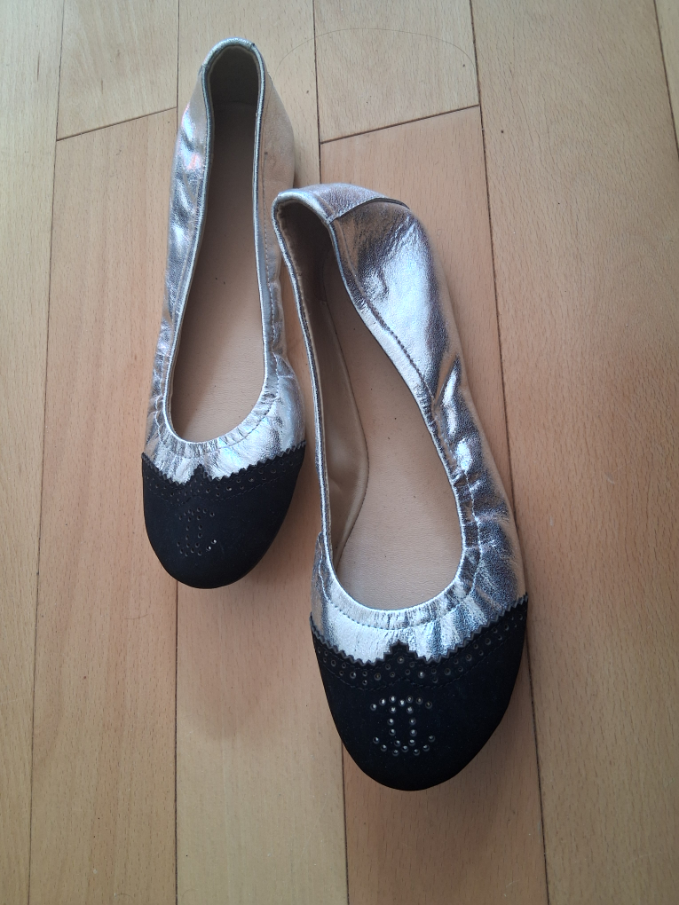 Silver Ballet Flats with Black Toe Cap - Size 39