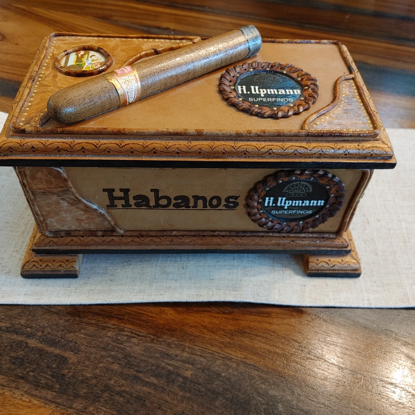 Vintage Hamd Tooled Leather Cuban Cigar Box