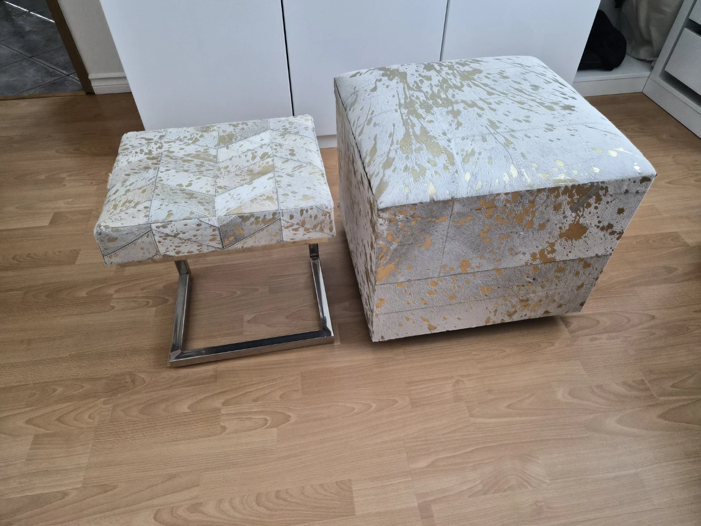 Genuine Cow-Hide Ottoman and Stool with Gold Accents
