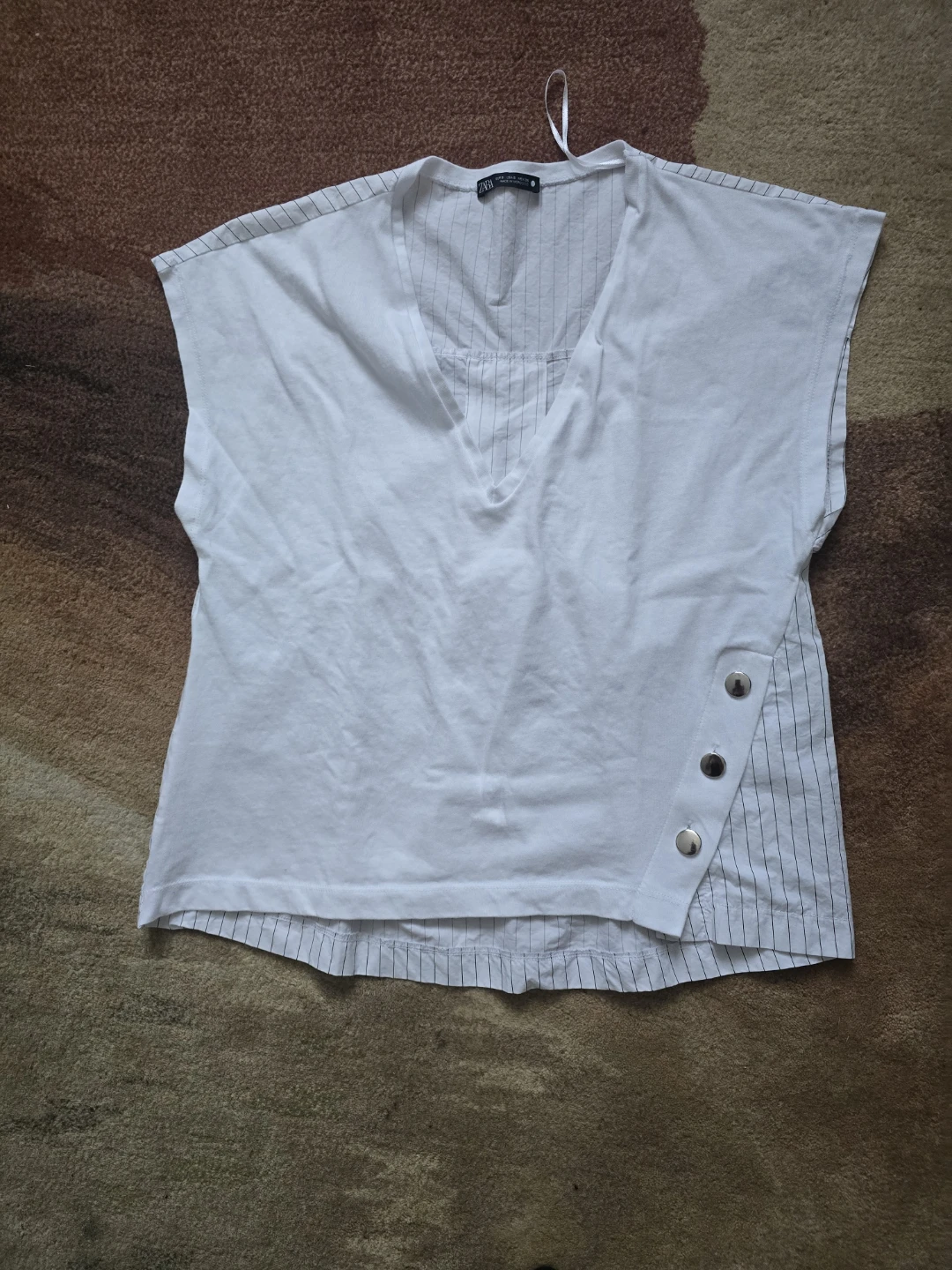 Zara White Pinstripe Button Detail Top Size S