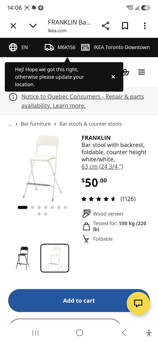 IKEA FRANKLIN Bar Stool with Backrest