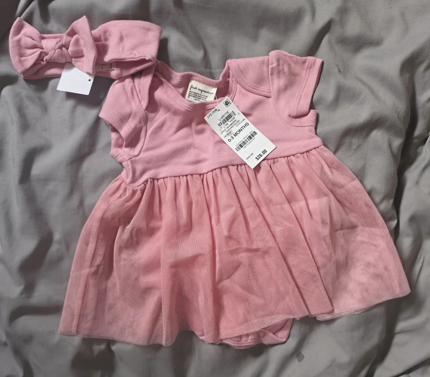 First Impressions Pink Baby Dress and Bow Set - 0-3 Months