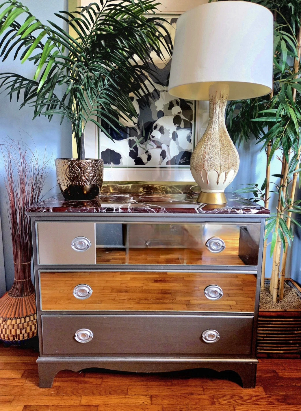 Vintage Rosso Levanto Marble Top Three Drawer Mirrored Dresser