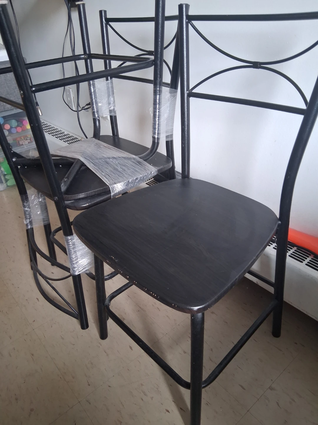 Set of 4 Black Metal and Wood Chairs
