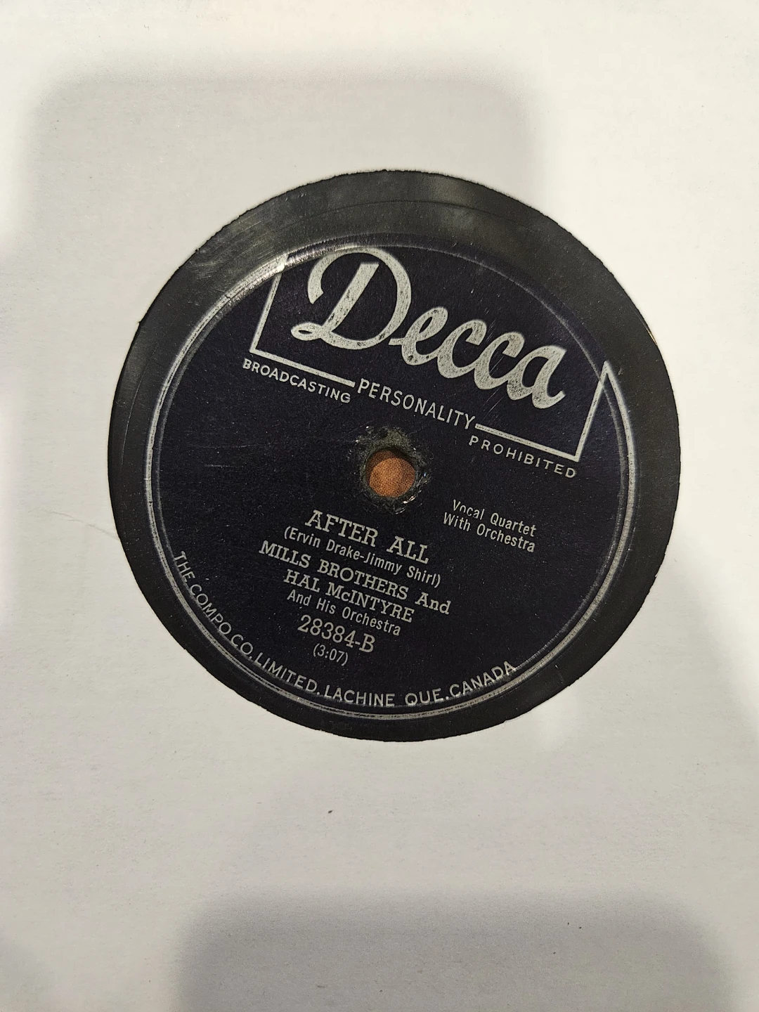 Decca 78 RPM Record - After All by Mills Brothers & Hal McIntyre