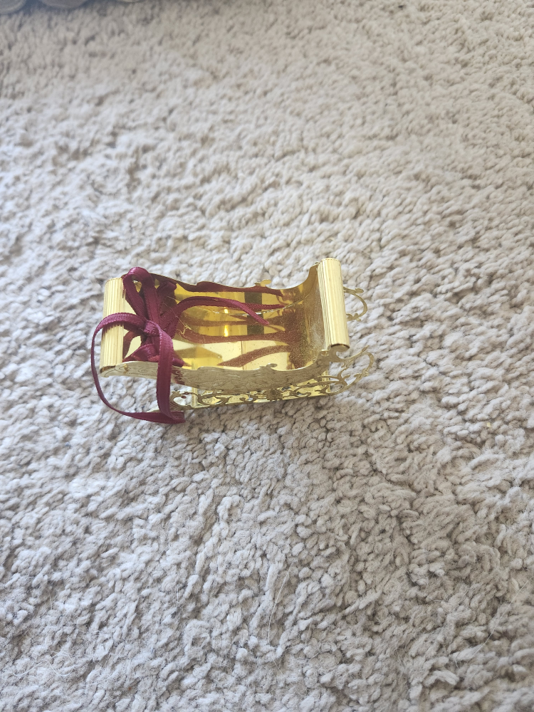 Gold Sleigh Ornament with Burgundy Ribbon