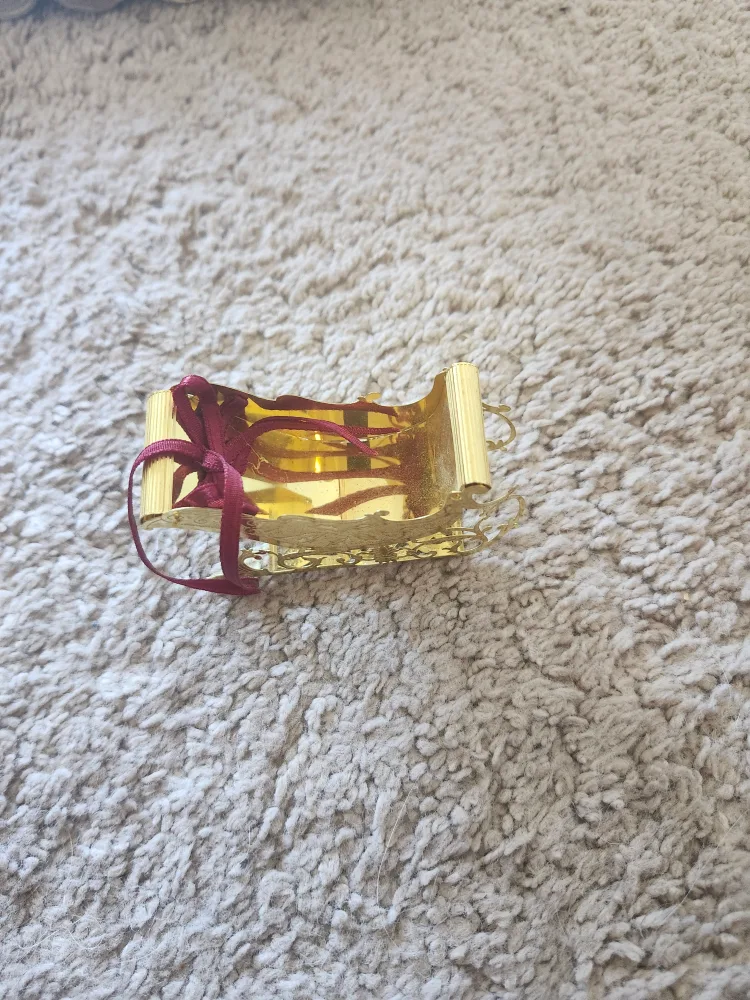 Gold Sleigh Ornament with Burgundy Ribbon