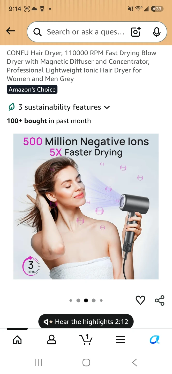 CONFU Ionic Hair Dryer with Magnetic Diffuser - Grey - photo 2