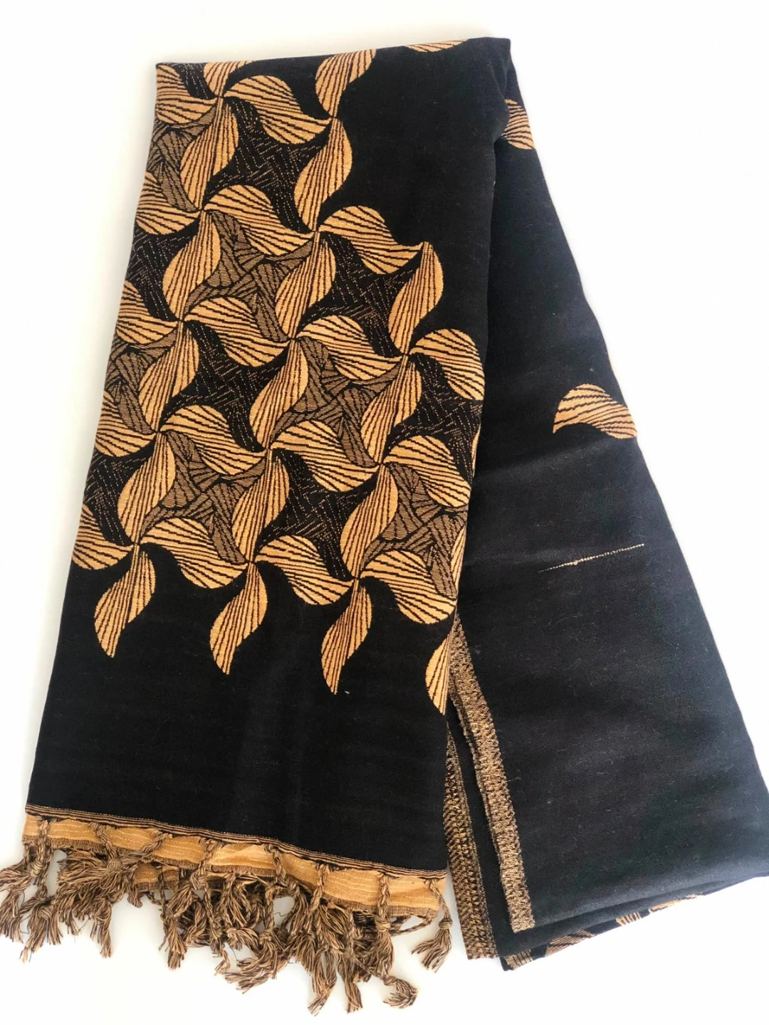 Black and Gold Patterned Reversible Scarf with Tassels