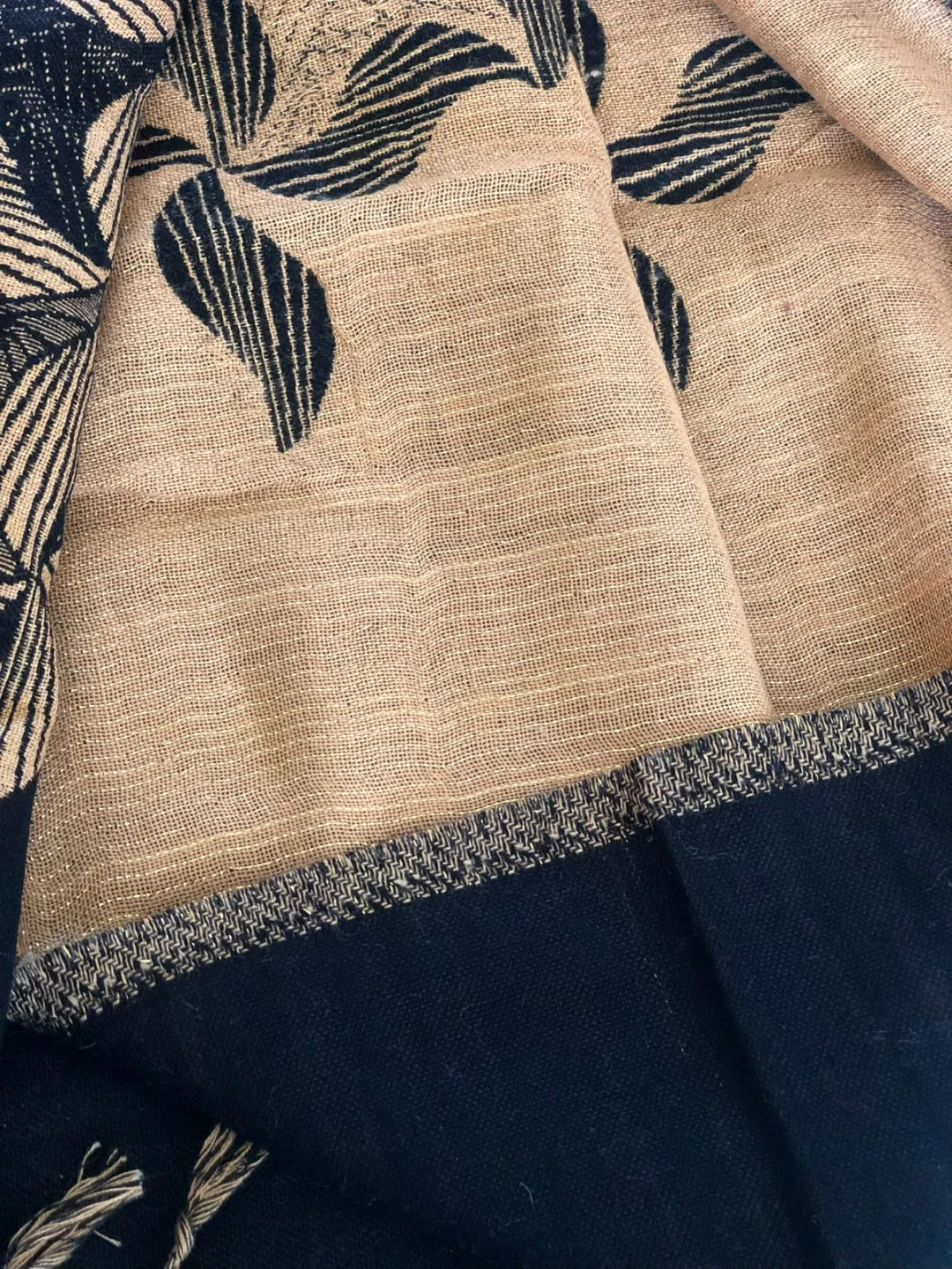 Black and Gold Patterned Reversible Scarf with Tassels - photo 2