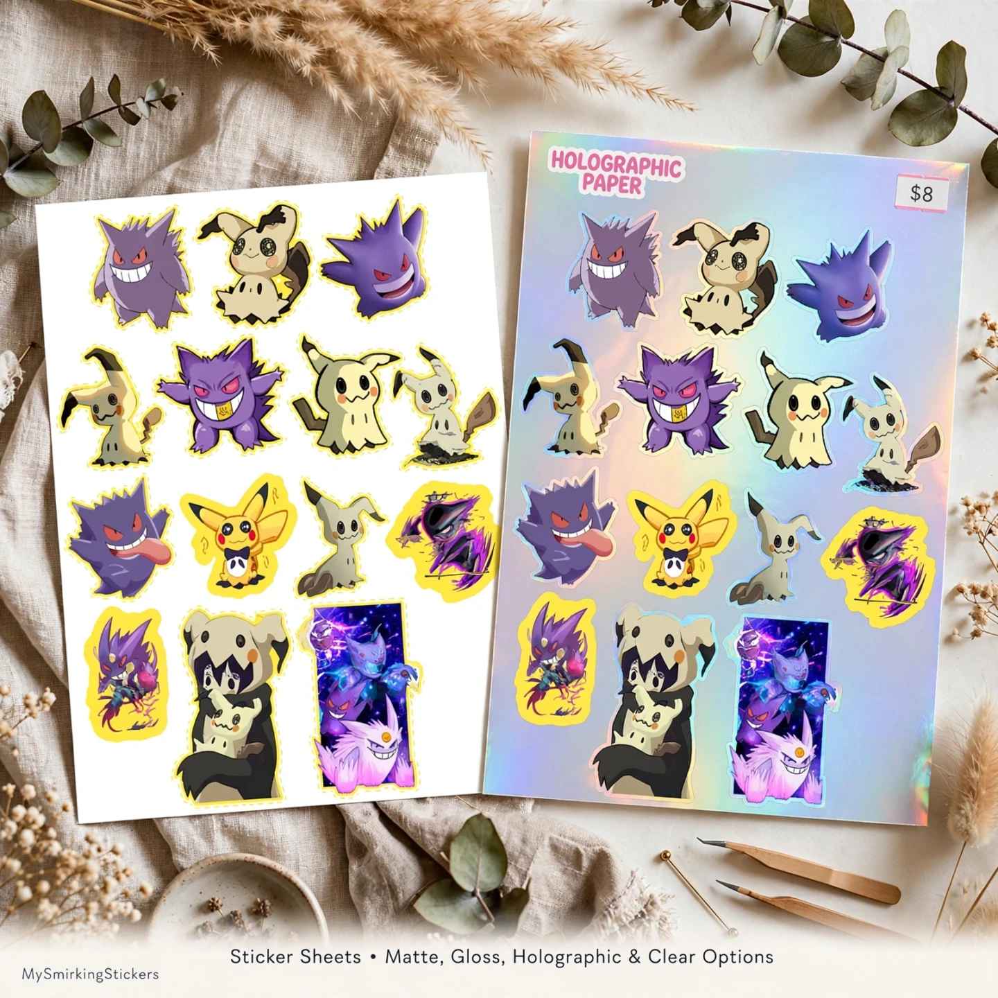 Gengar & Mimikyu Decal Sheet - 14 Ghost-Type Vinyl Stickers