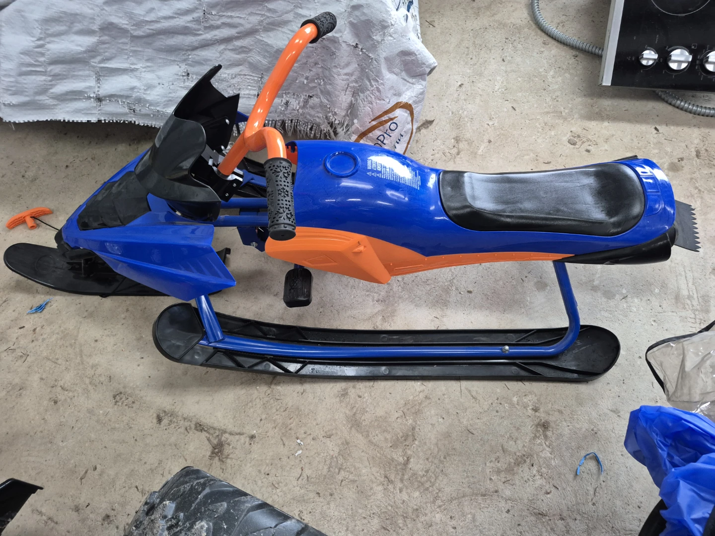 Blue and Orange Kids Snowmobile Sled