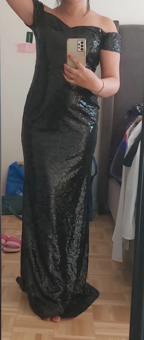 Black Sequin Off-the-Shoulder Maxi Dress