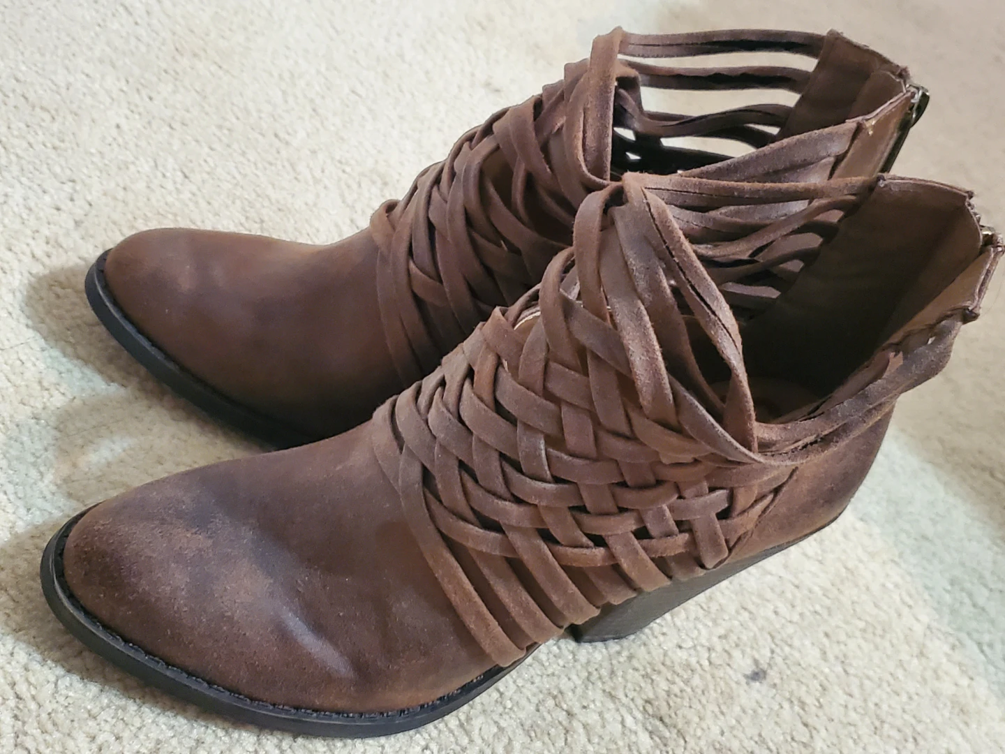 Brown Woven Ankle Boots with Zipper Back