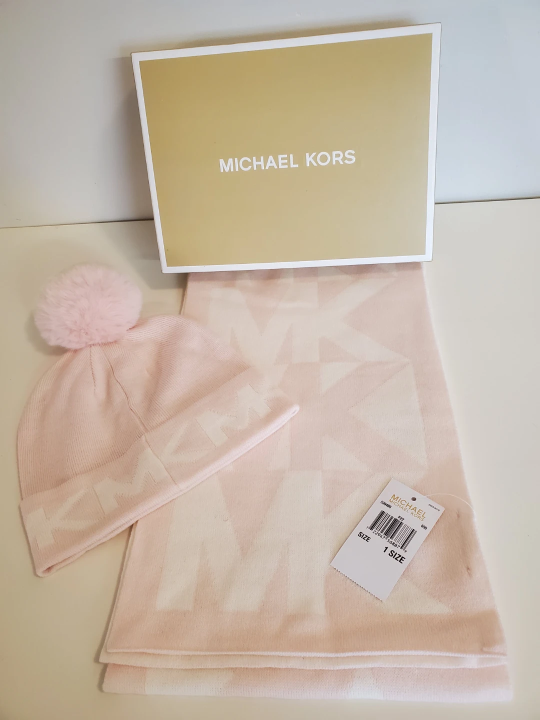Michael Kors Pink Logo Intarsia Knit Beanie and Scarf Set...New