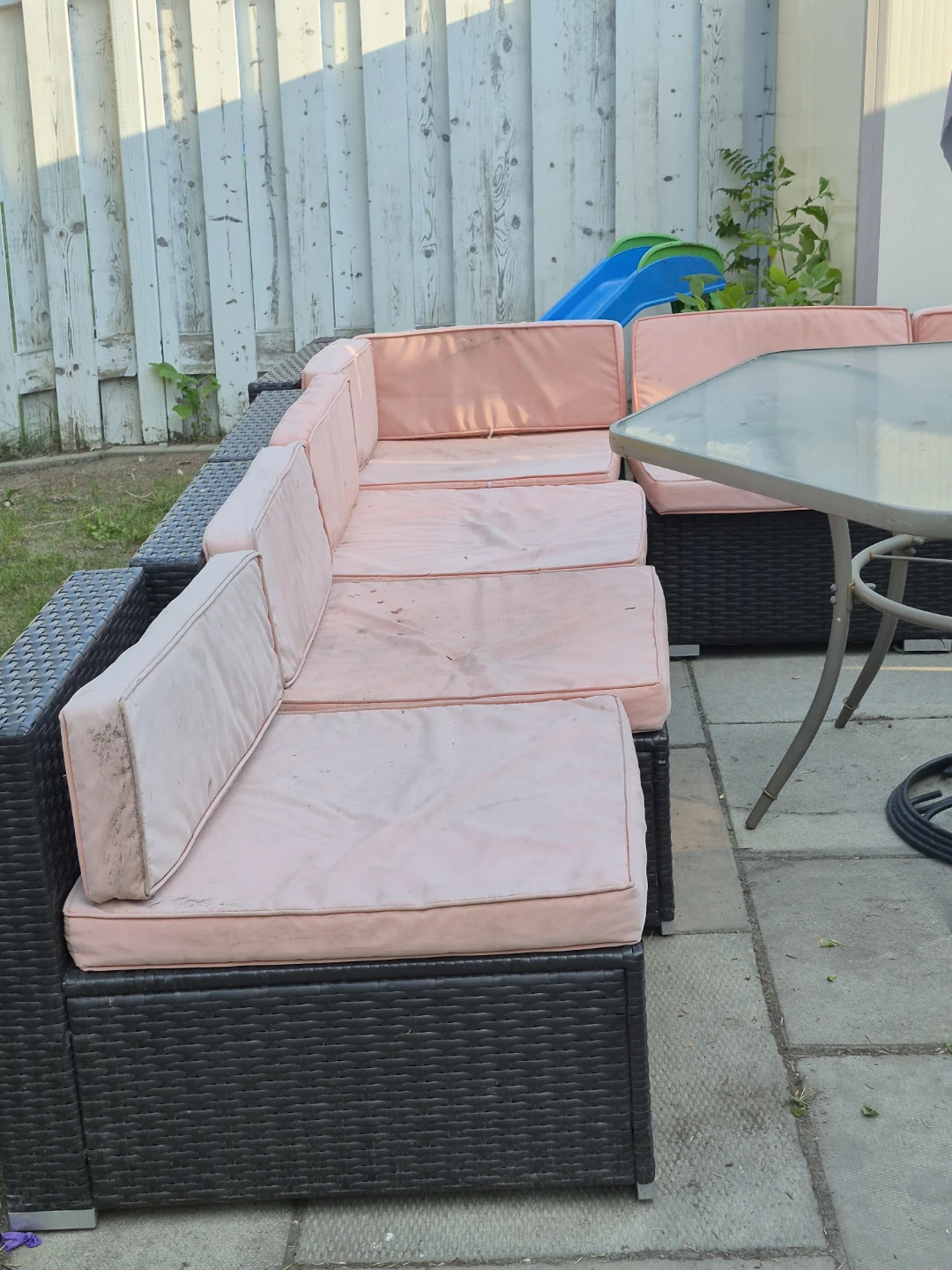 Wicker Patio Sectional Sofa with Pink Cushions
