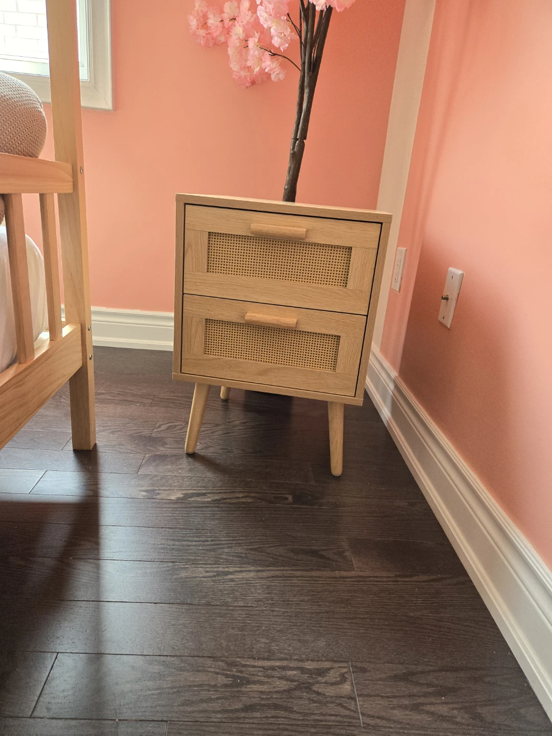 Wooden Nightstand with Rattan Drawers