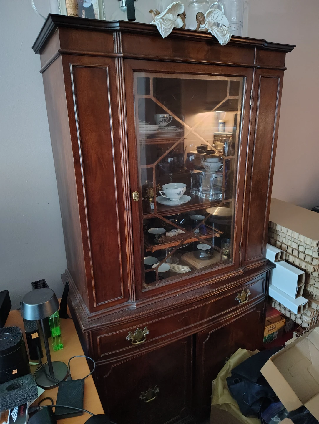 Antique Wood Cabinet with Glass Doors