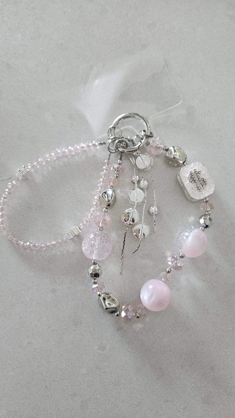 Pink Beaded Phone Charm Bracelet with Silver Accents