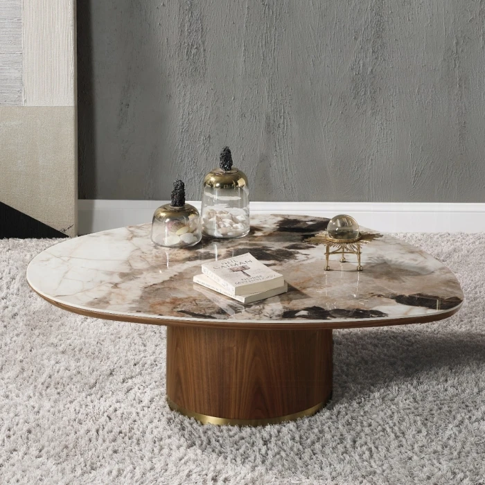 Marble Top Coffee Table with Wood Pedestal Base