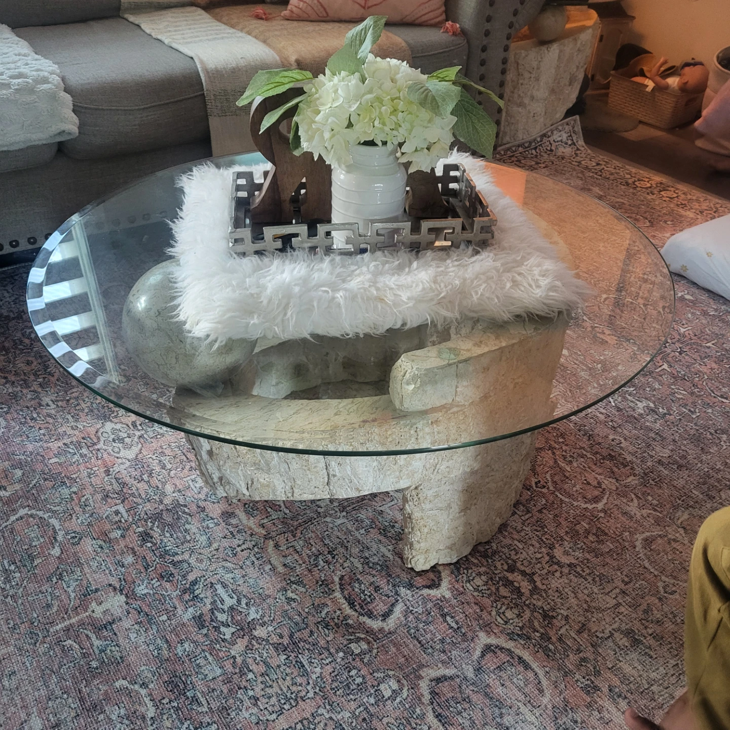 Unique Stone and Glass Round Coffee Table