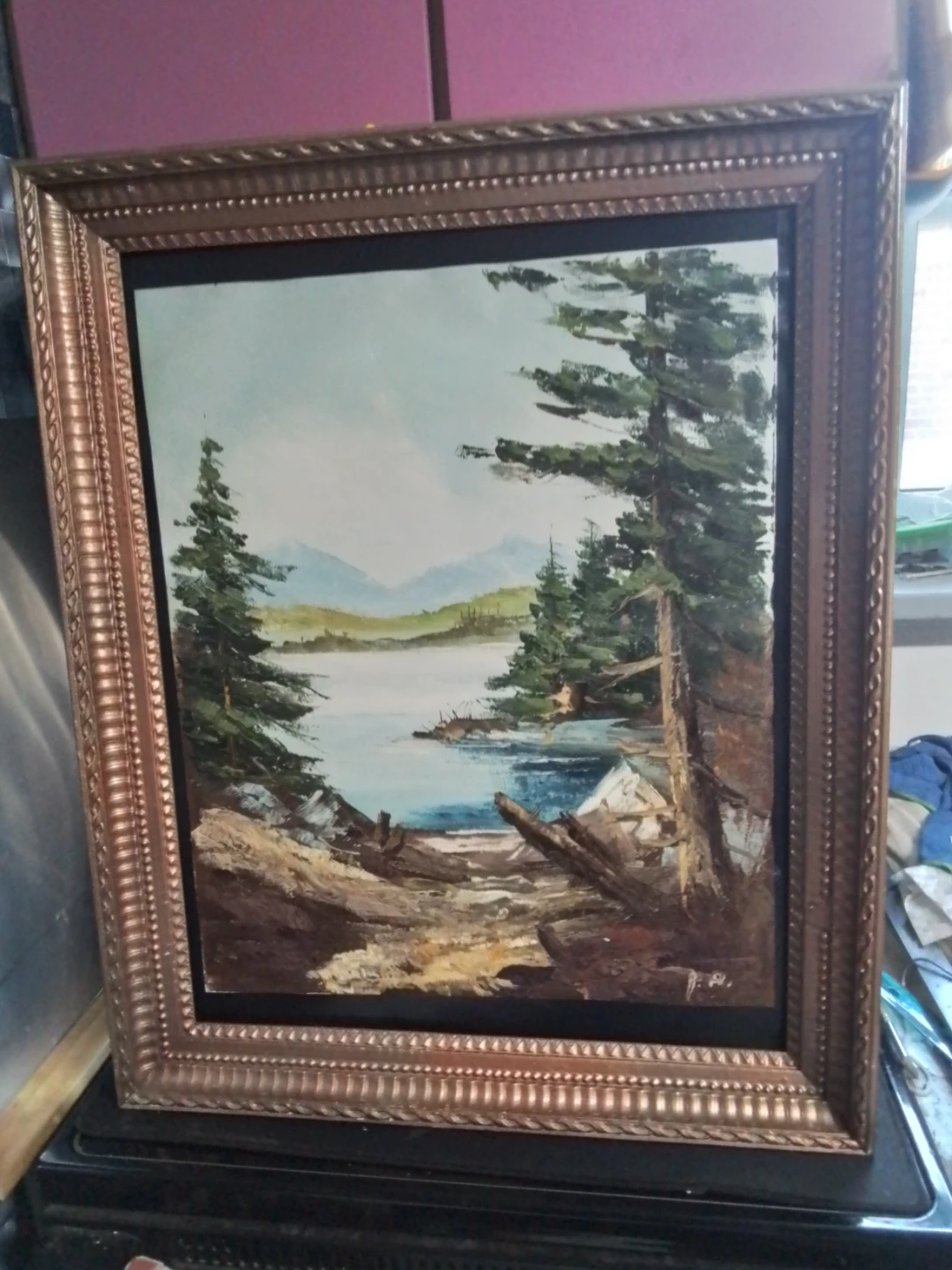 Framed Wilderness Landscape Oil Painting - Signed "P.P."
