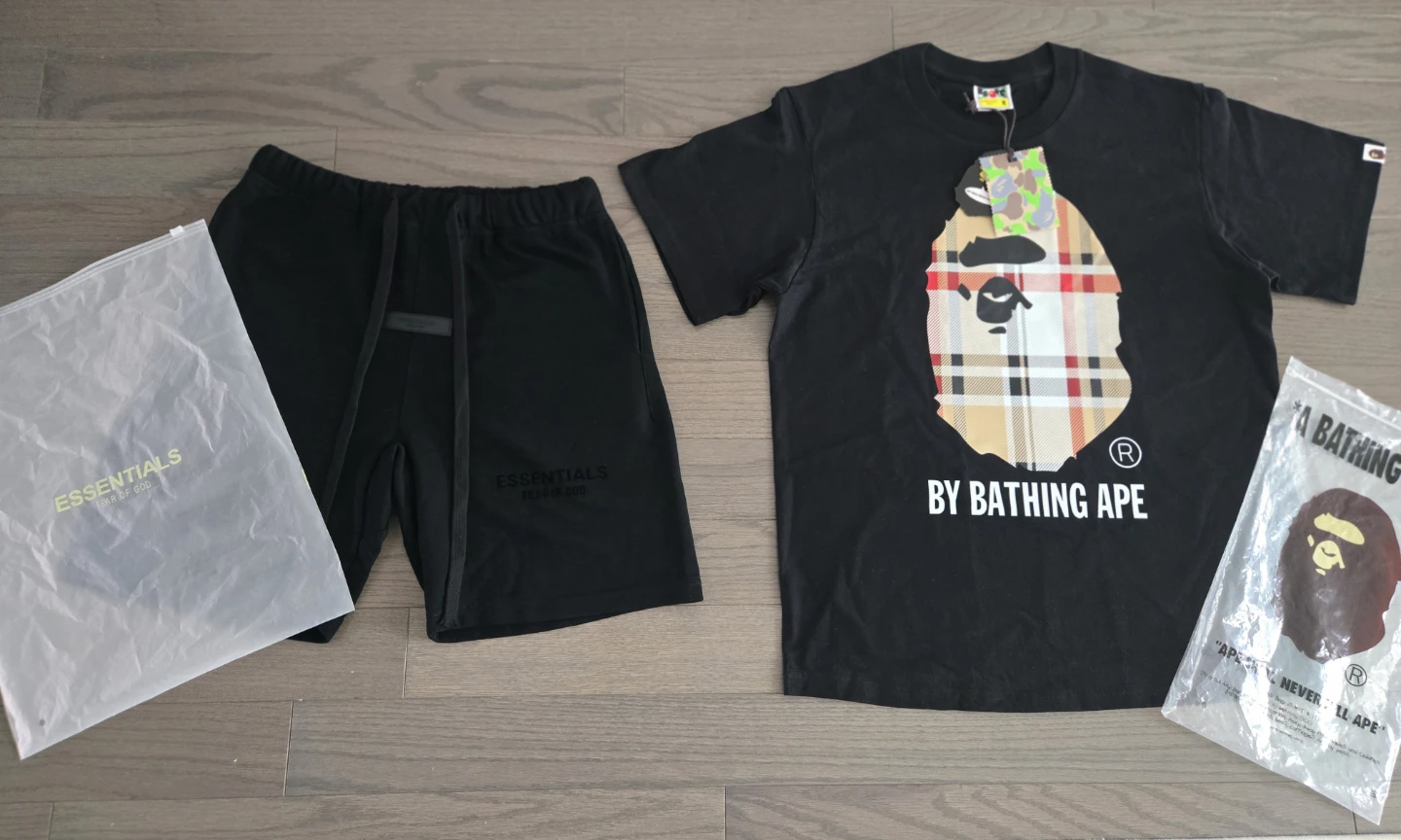 Bape T shirt Medium and Essentials shorts Small.