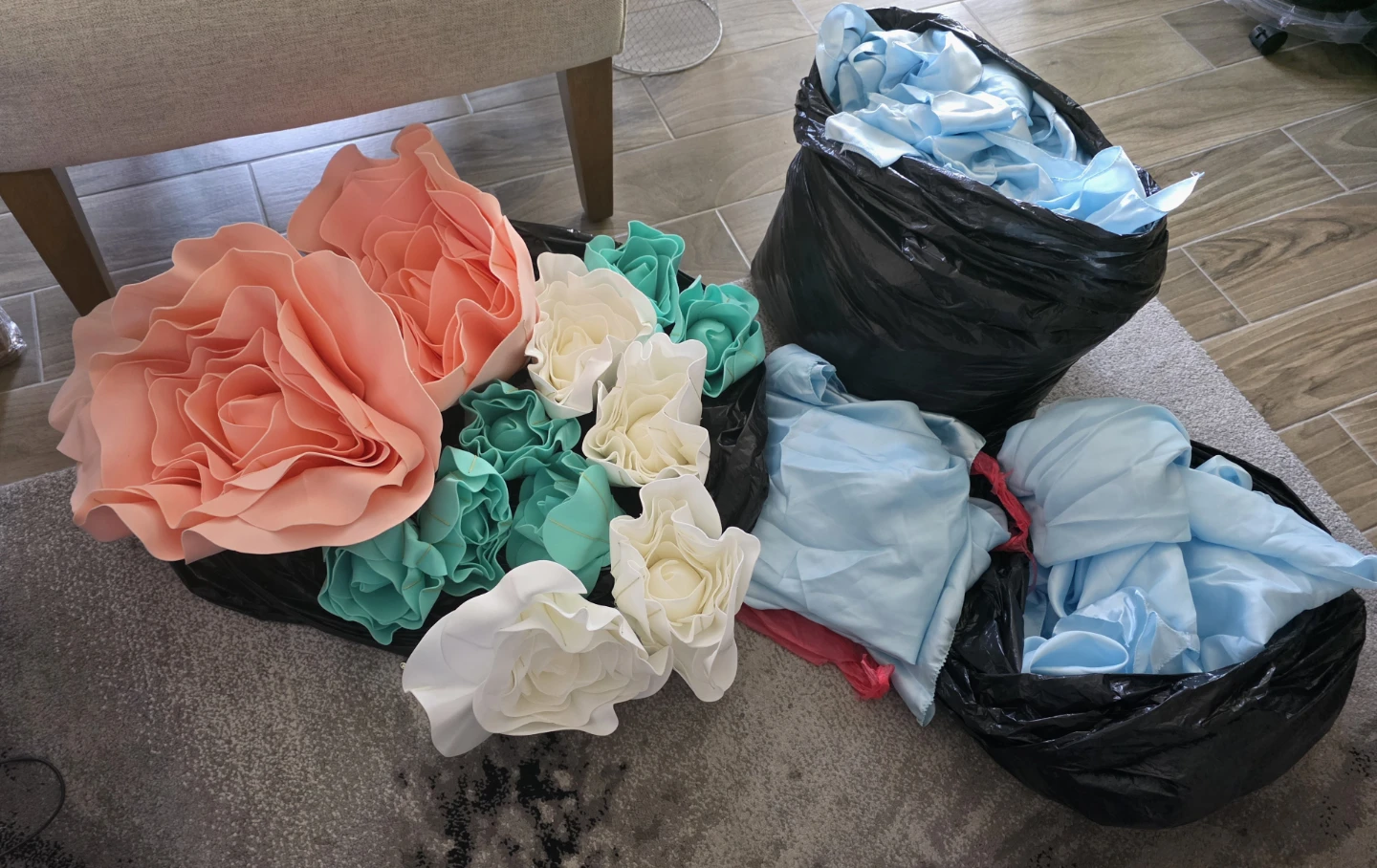 Flowers for decoration, Blue  Chair Sashes and Table Runners.