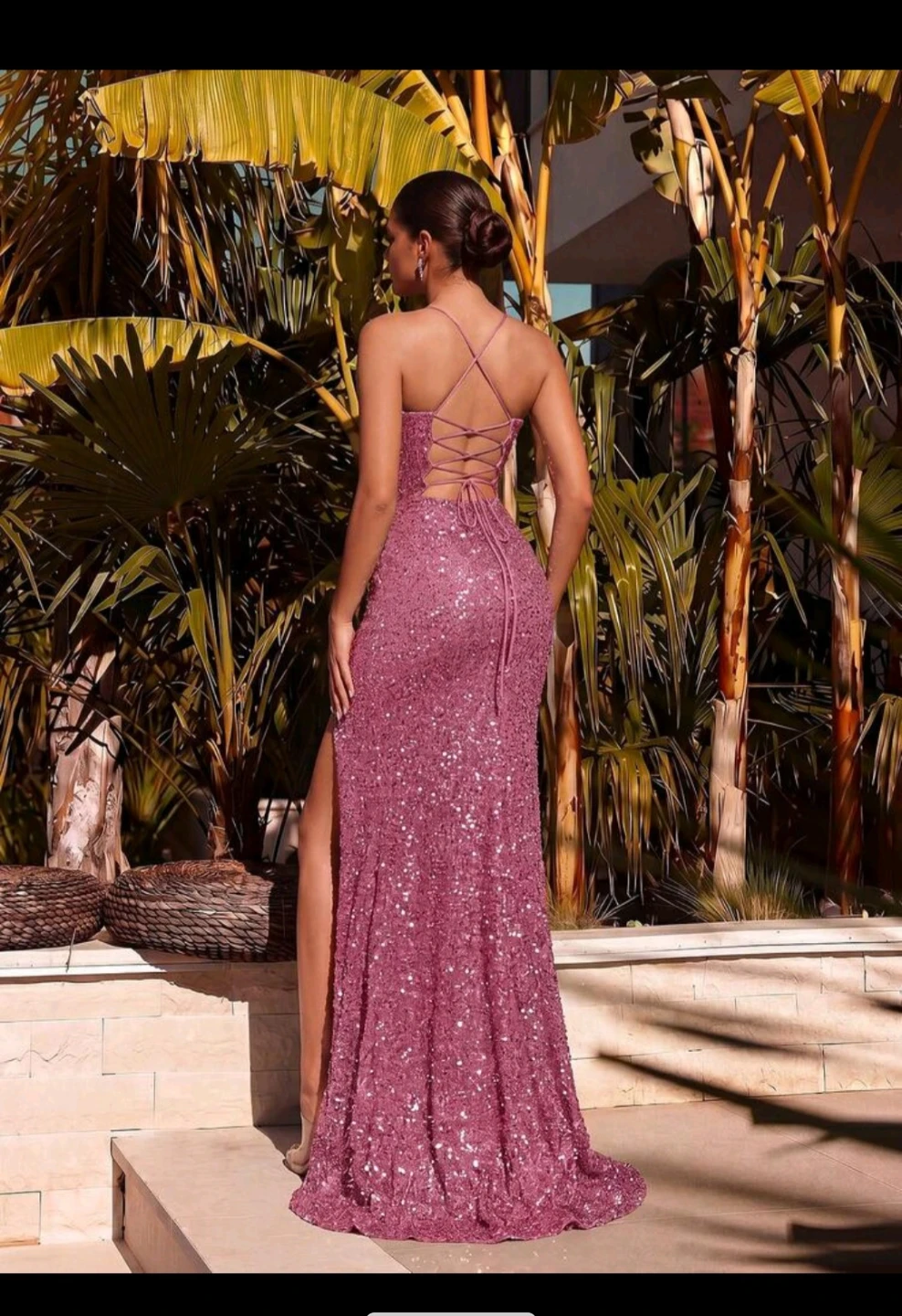 Sparkly Ruched High Slit Formal Gown - Rose Gold - photo 2