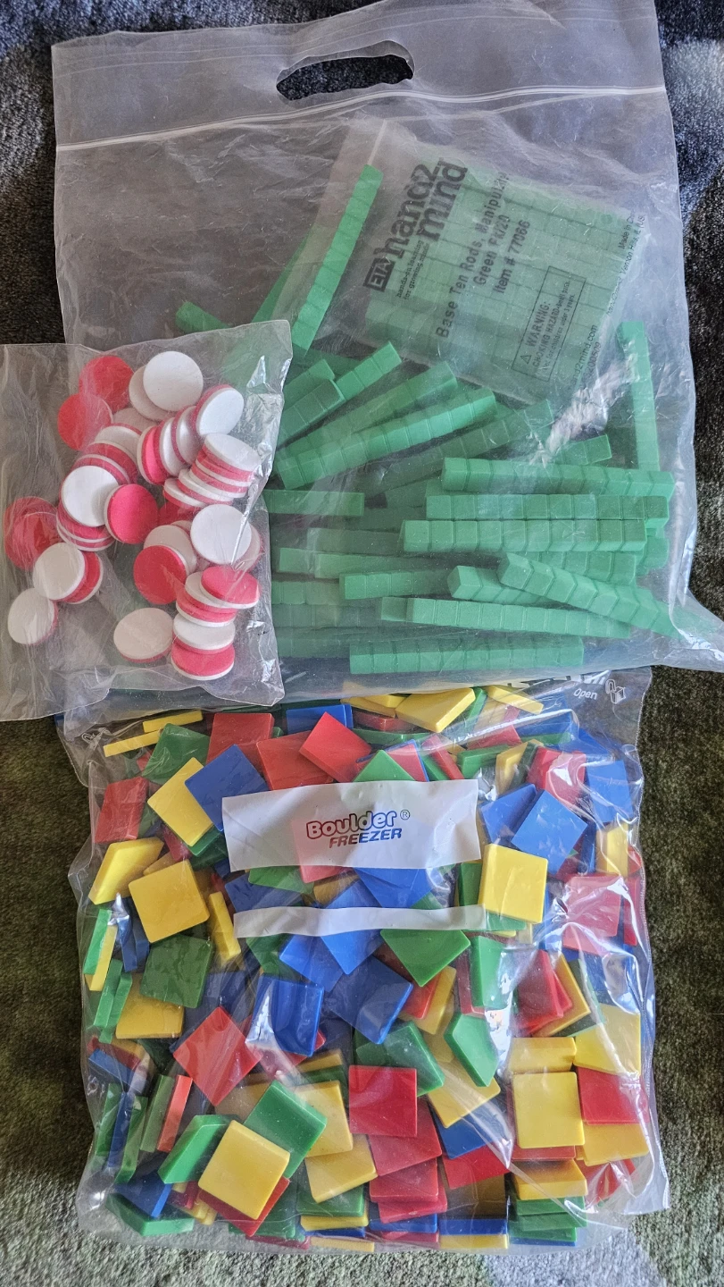 Base Ten Rods, Counting Chips and square color tiles