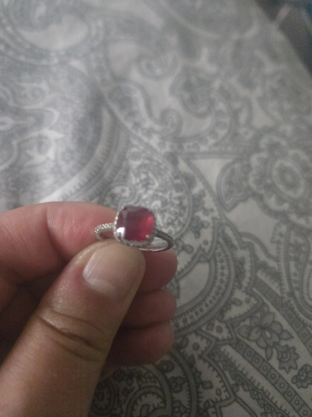 Cushion Cut Red Gemstone Ring with Pave sterling silver
