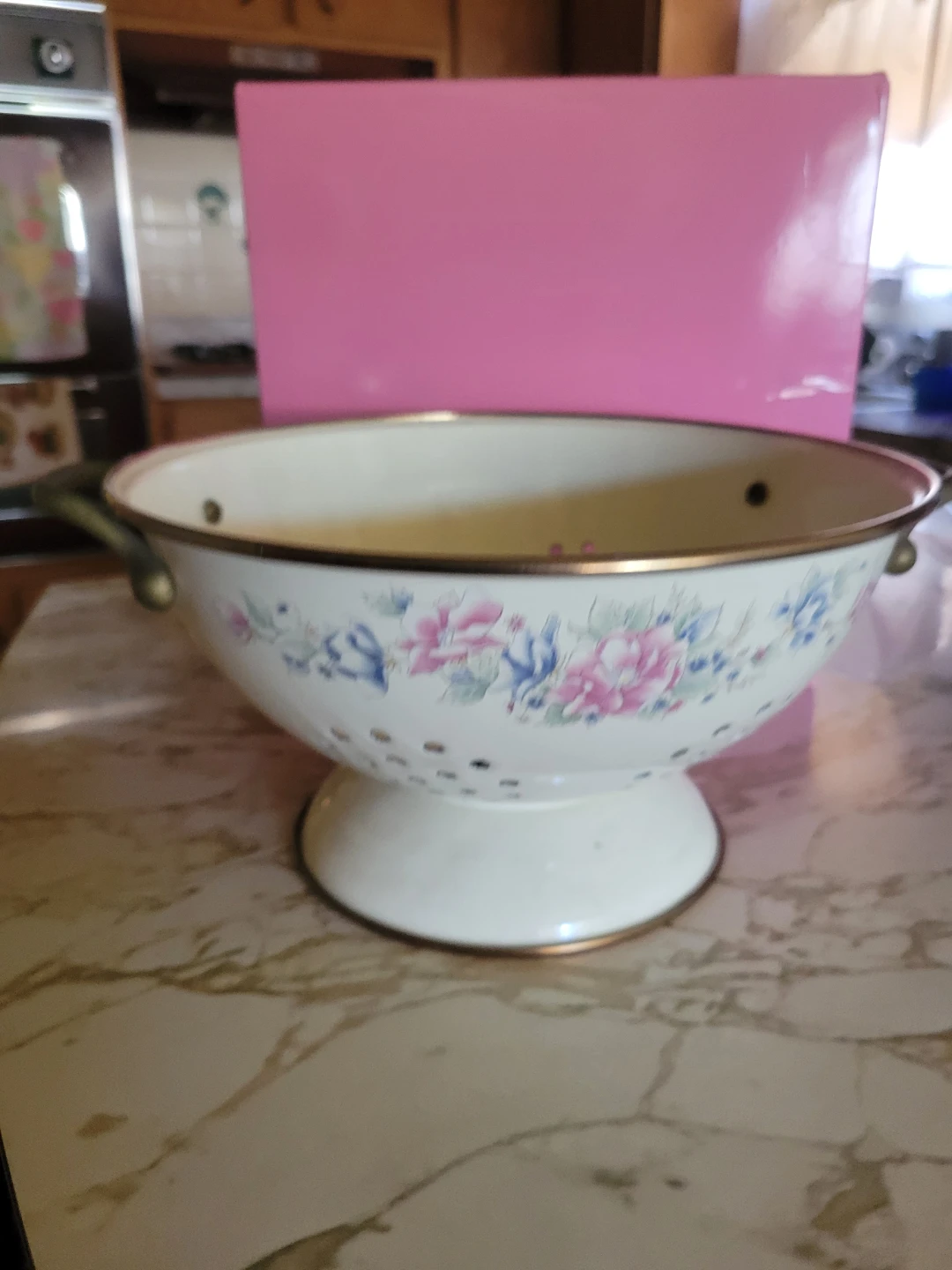 Vintage Enamel Colander with Floral Design