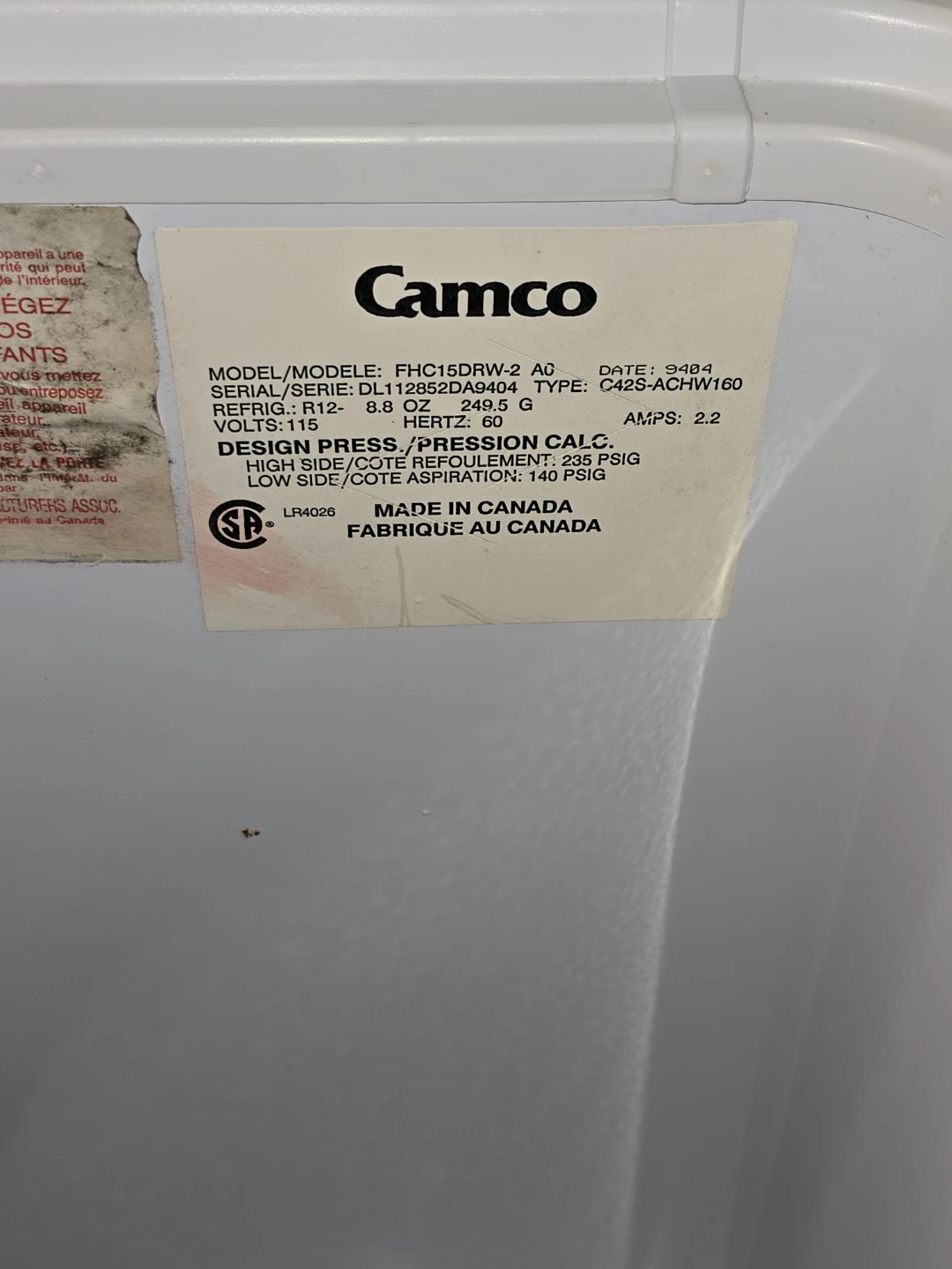 Camco Chest Freezer FHC15DRW 2 AC - photo 2