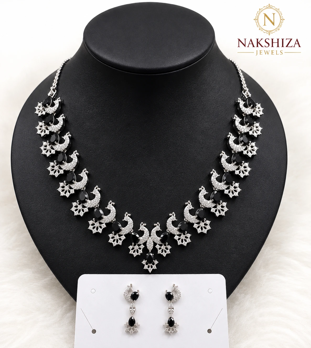 ✨ Premium Pink and Silver Peacock AD Necklace Set