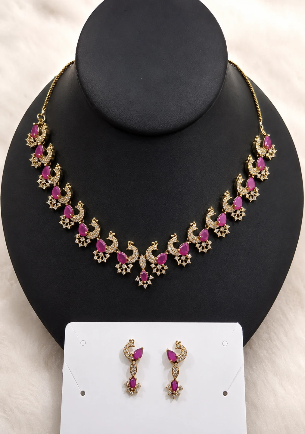 ✨ Premium Pink and Silver Peacock AD Necklace Set - photo 2