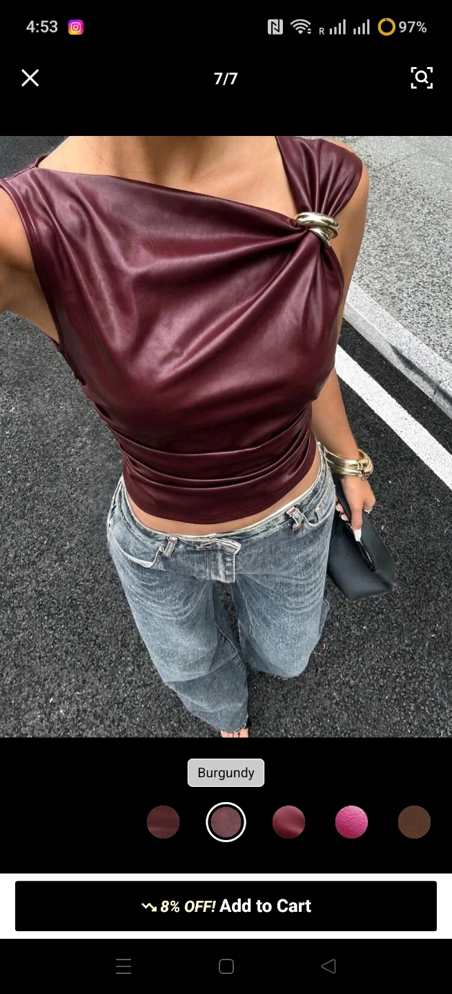 Burgundy Faux Leather One-Shoulder Top