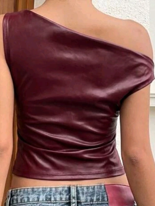 Burgundy Faux Leather One-Shoulder Top - photo 3