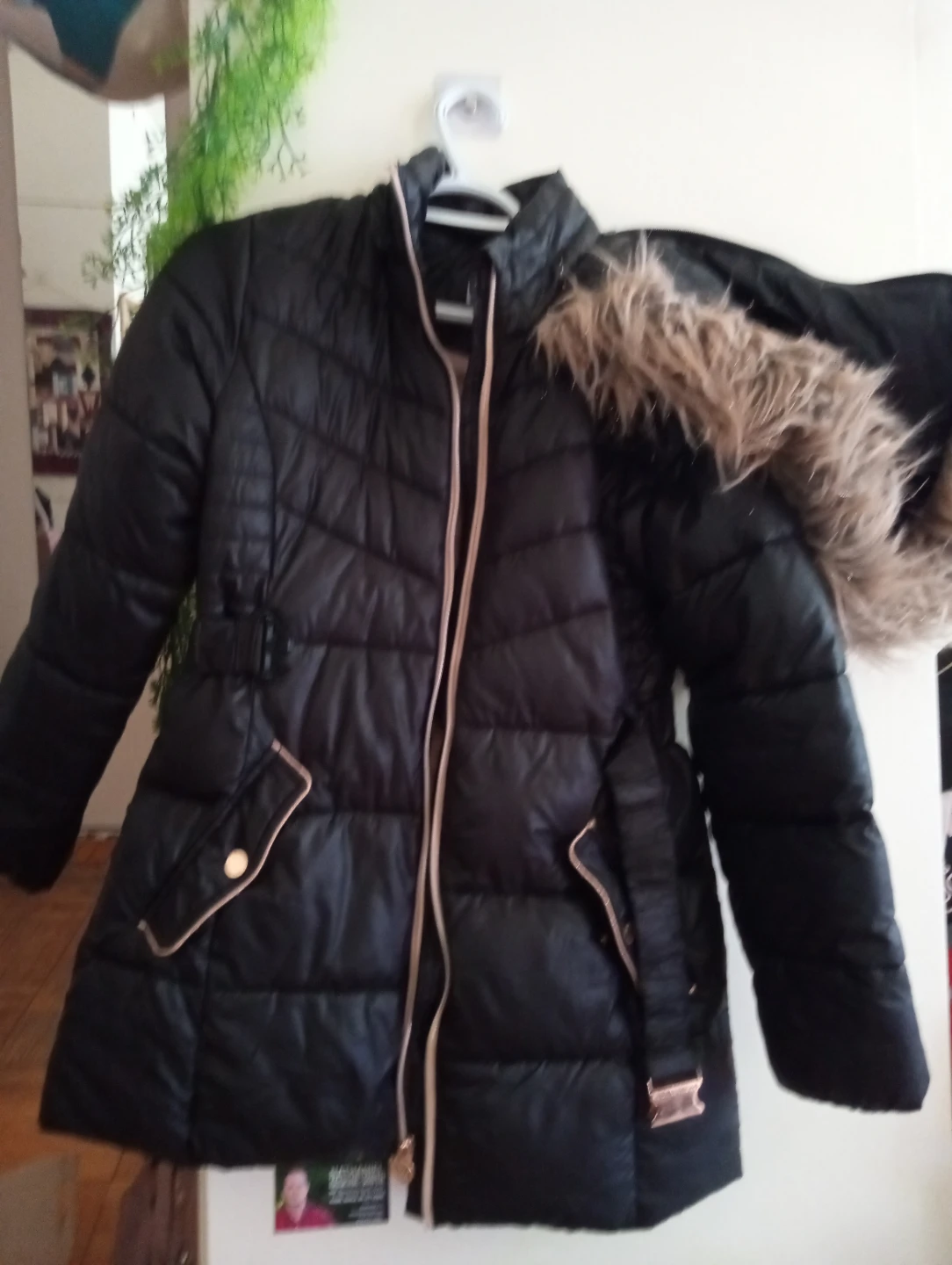 Black Puffer Coat with Faux Fur Hood - photo 2