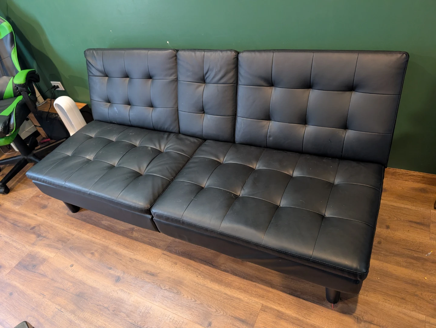 Black Faux Leather Futon Sofa with Cup Holders