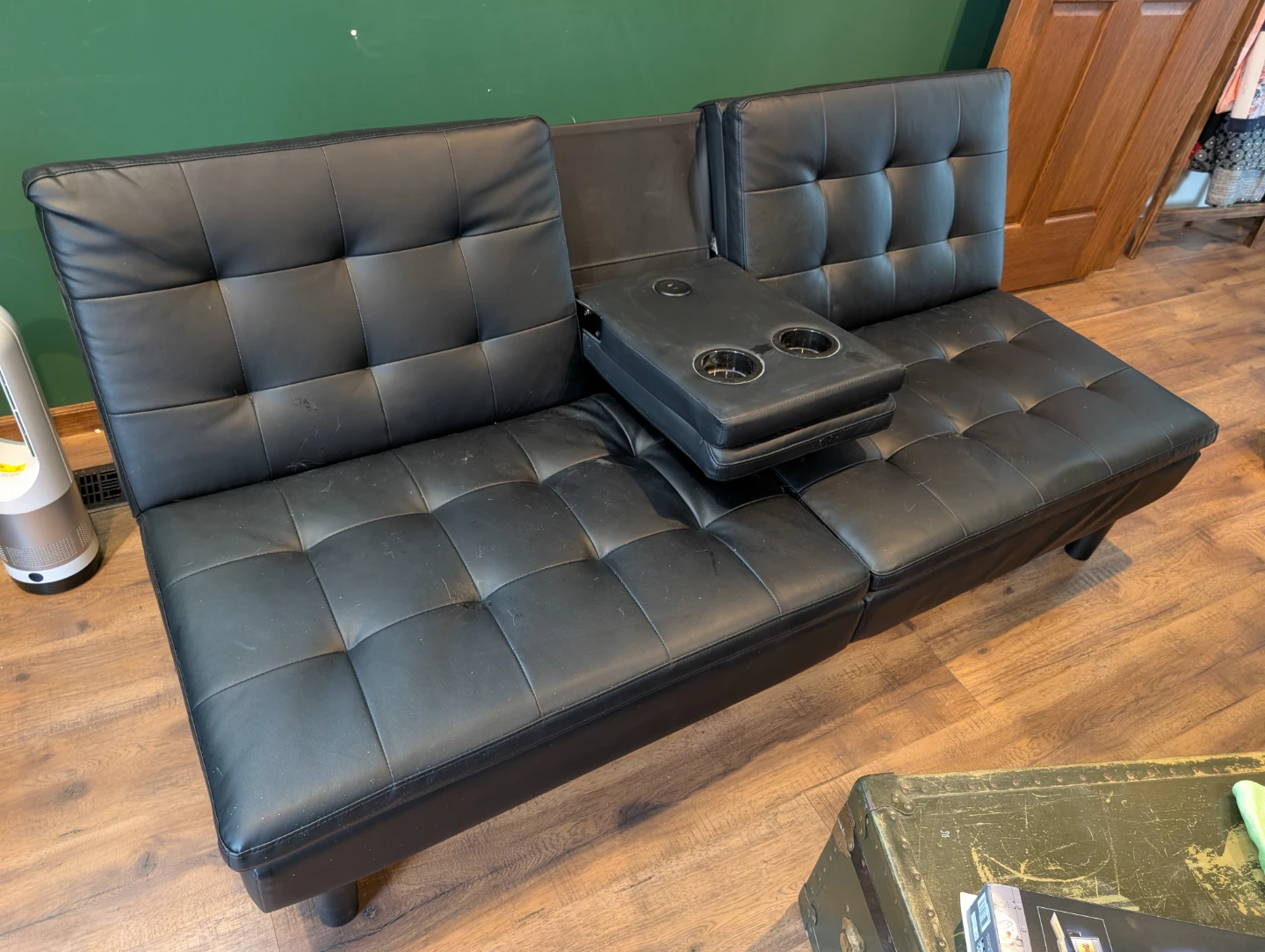 Black Faux Leather Futon Sofa with Cup Holders - photo 2
