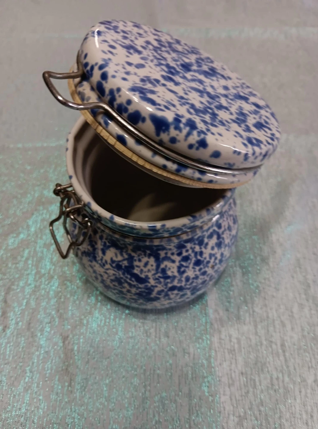 Ceramic Blue and White Speckle Storage Jar