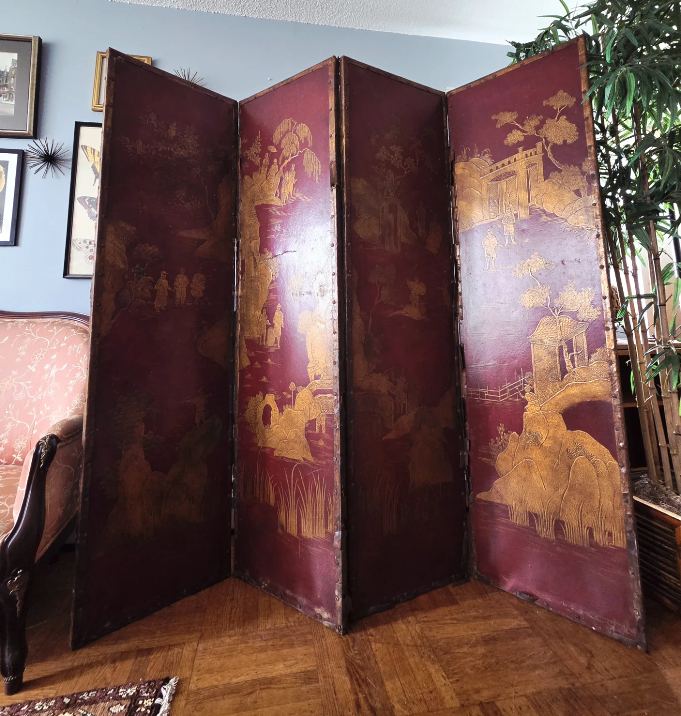 Antique Crimson Red & Gold Room Divider