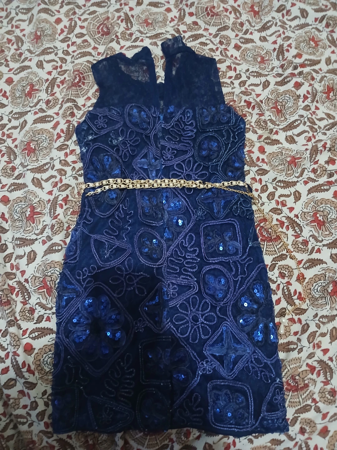 Girls' Blue Lace Dress with Sequins and Gold Belt - photo 2
